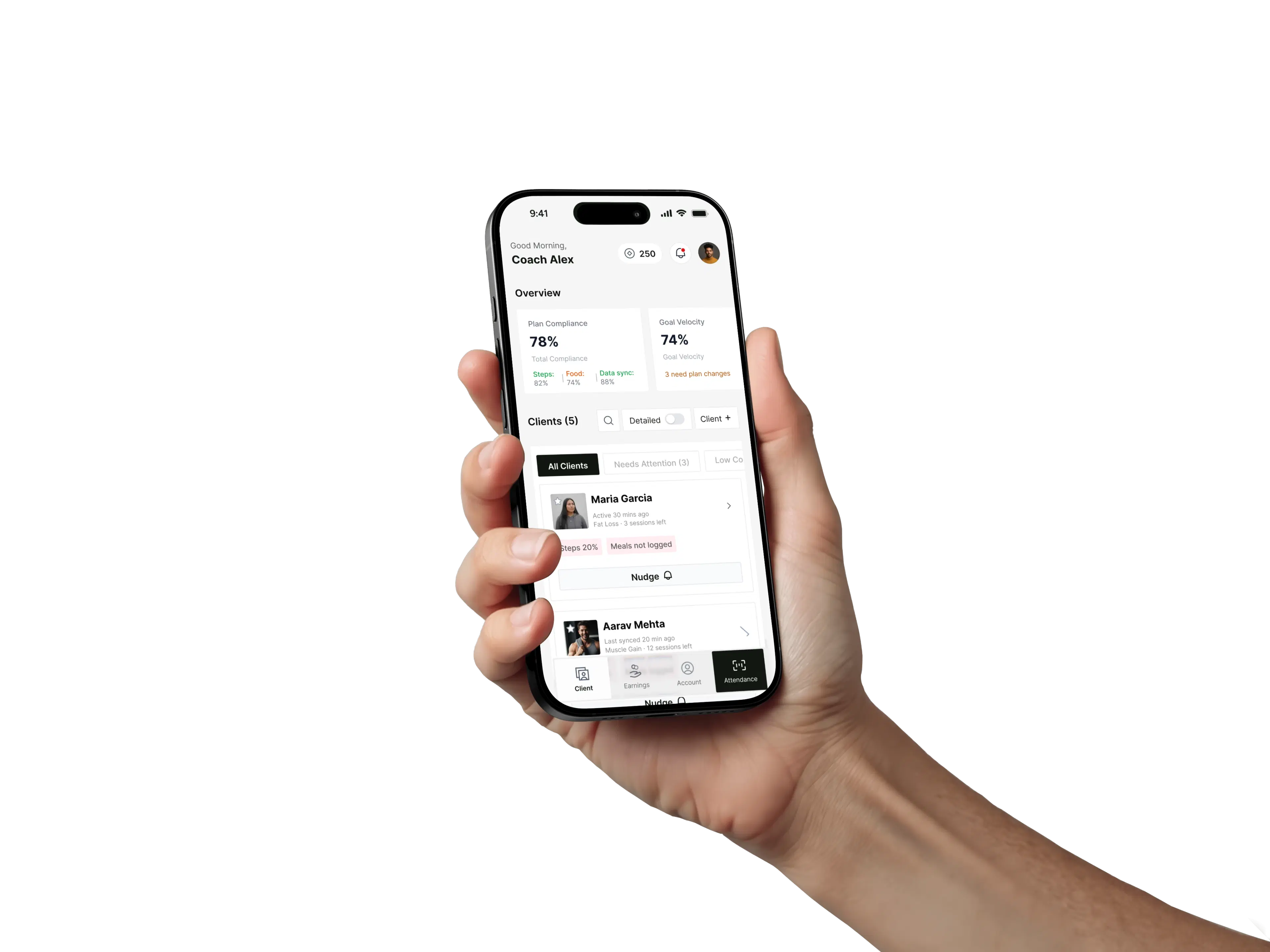 Coach holding the Molt client management app