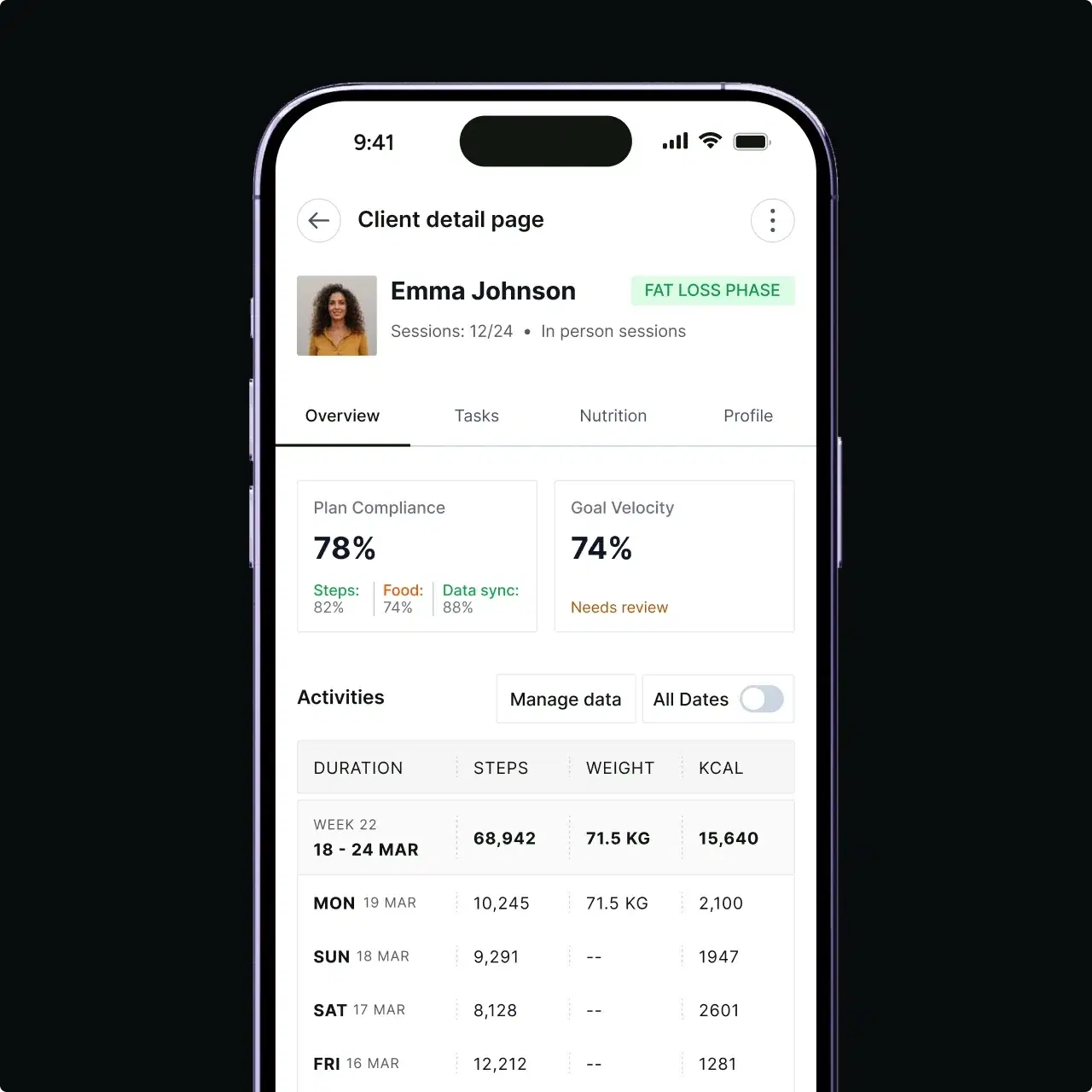 Coach app view for sending nudges and updates