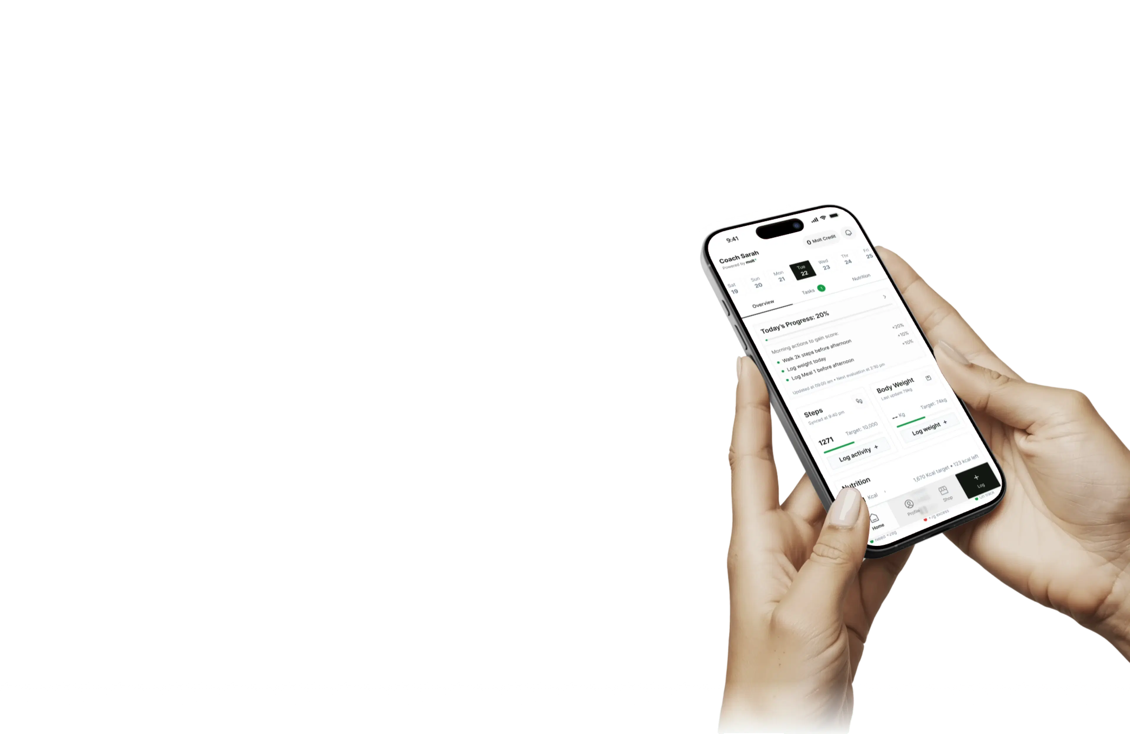 Hand holding an iPhone showing the Molt app dashboard