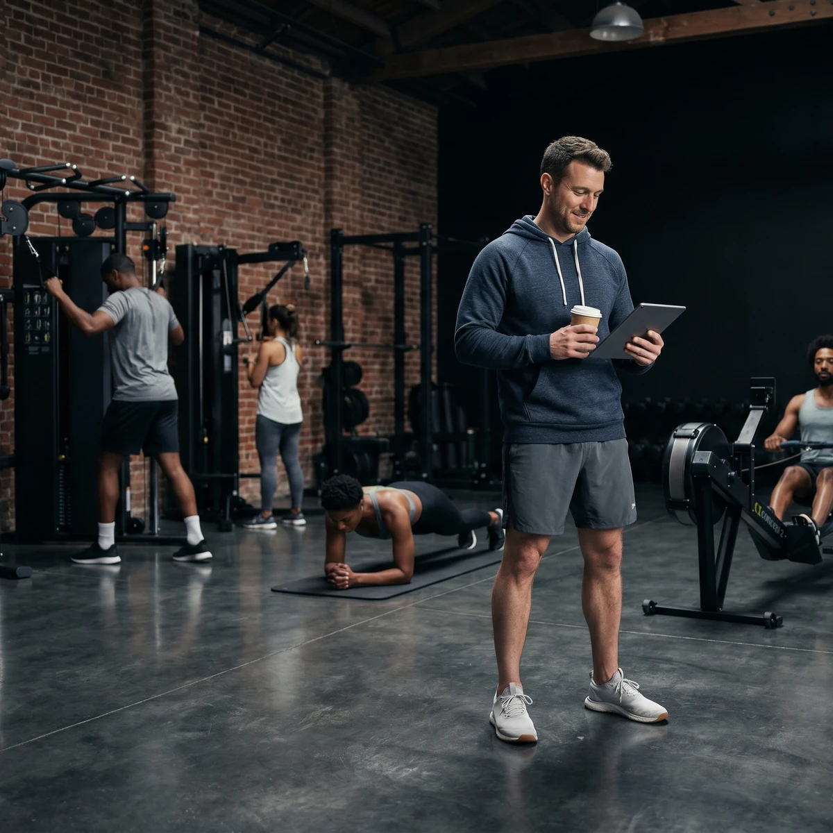 Coach managing clients in the gym