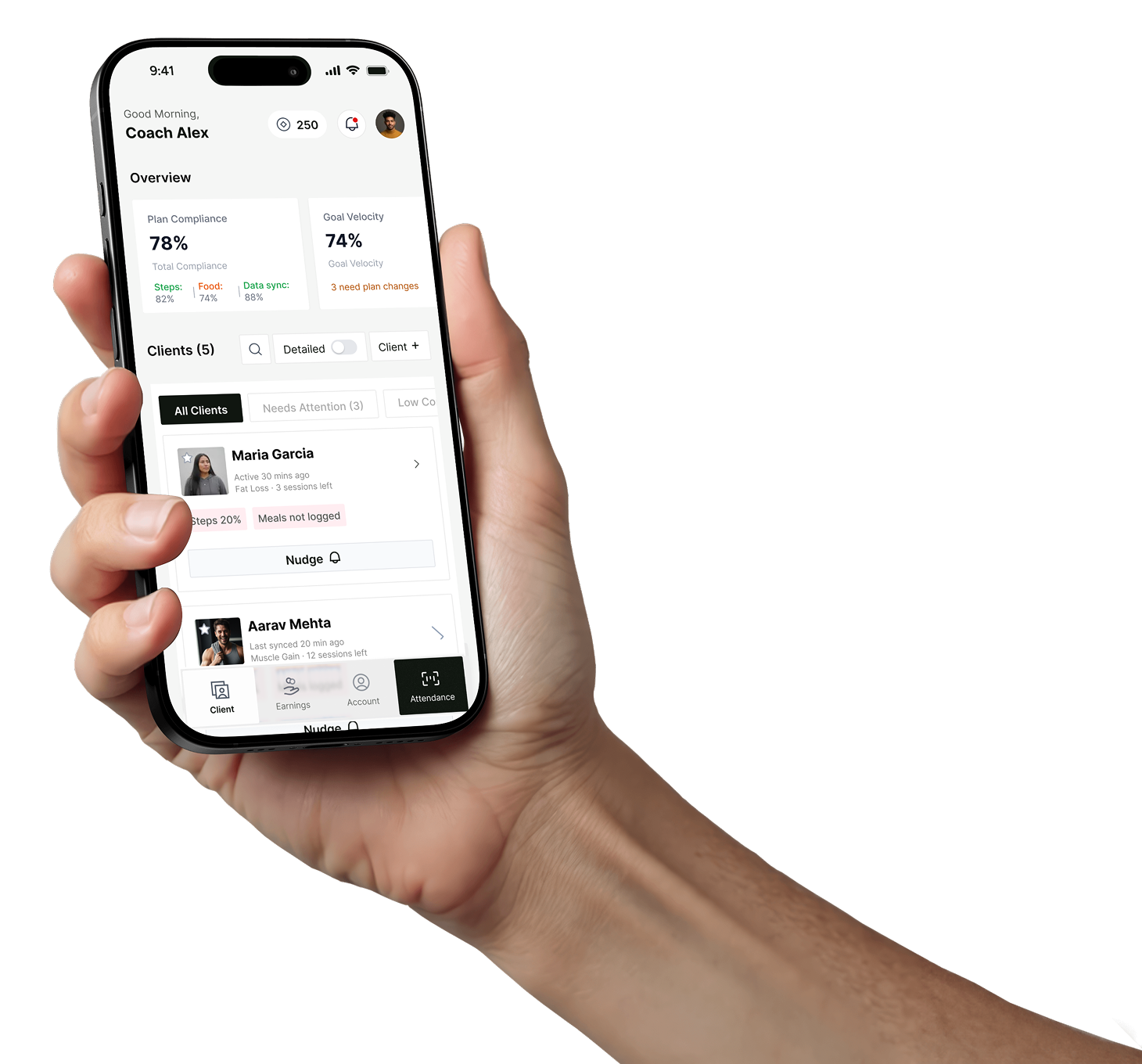 Coach holding the Molt client management app