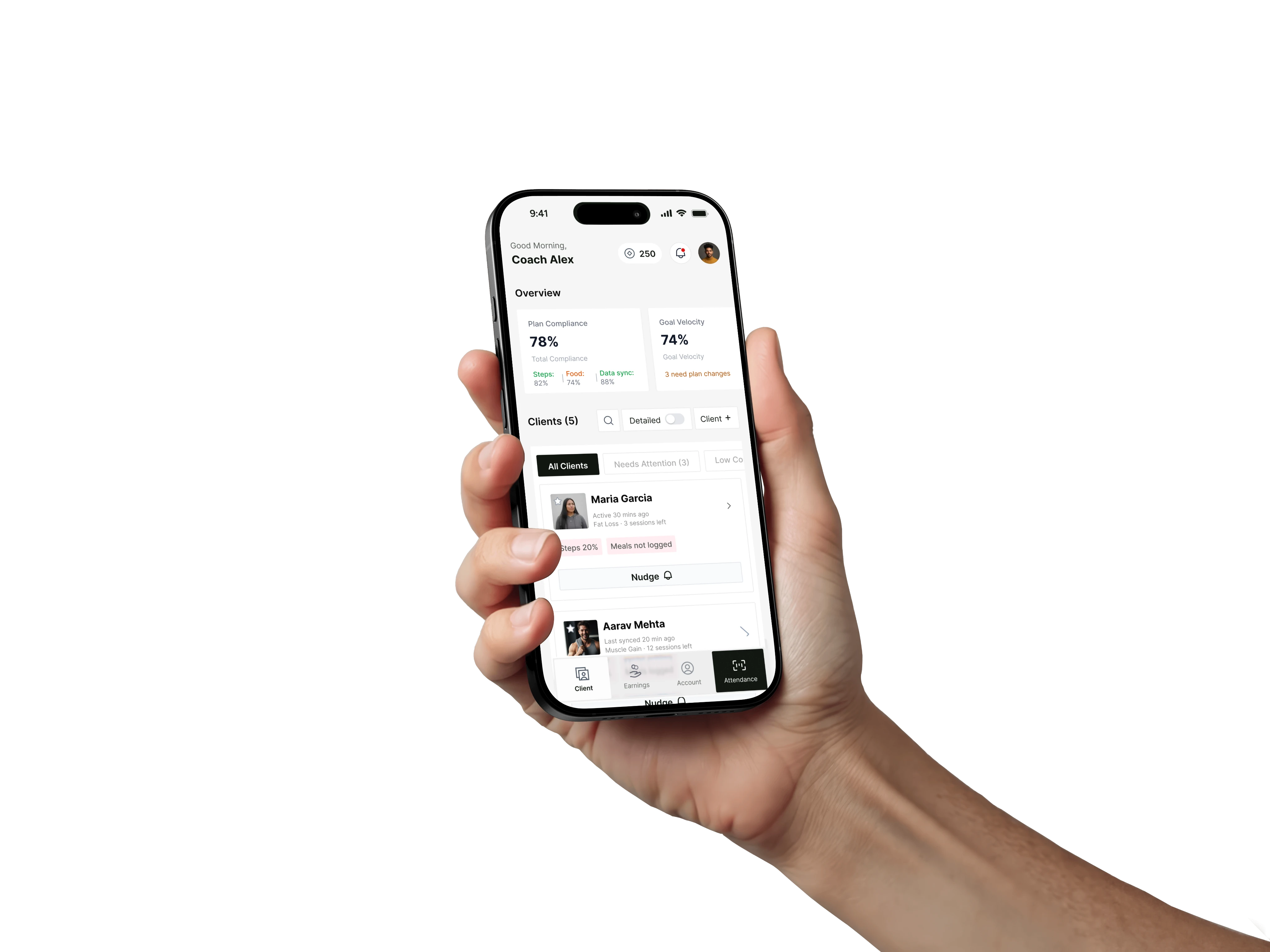 Coach holding the Molt client management app