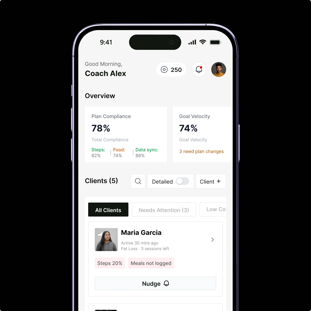 Coach app showing client activity and progress