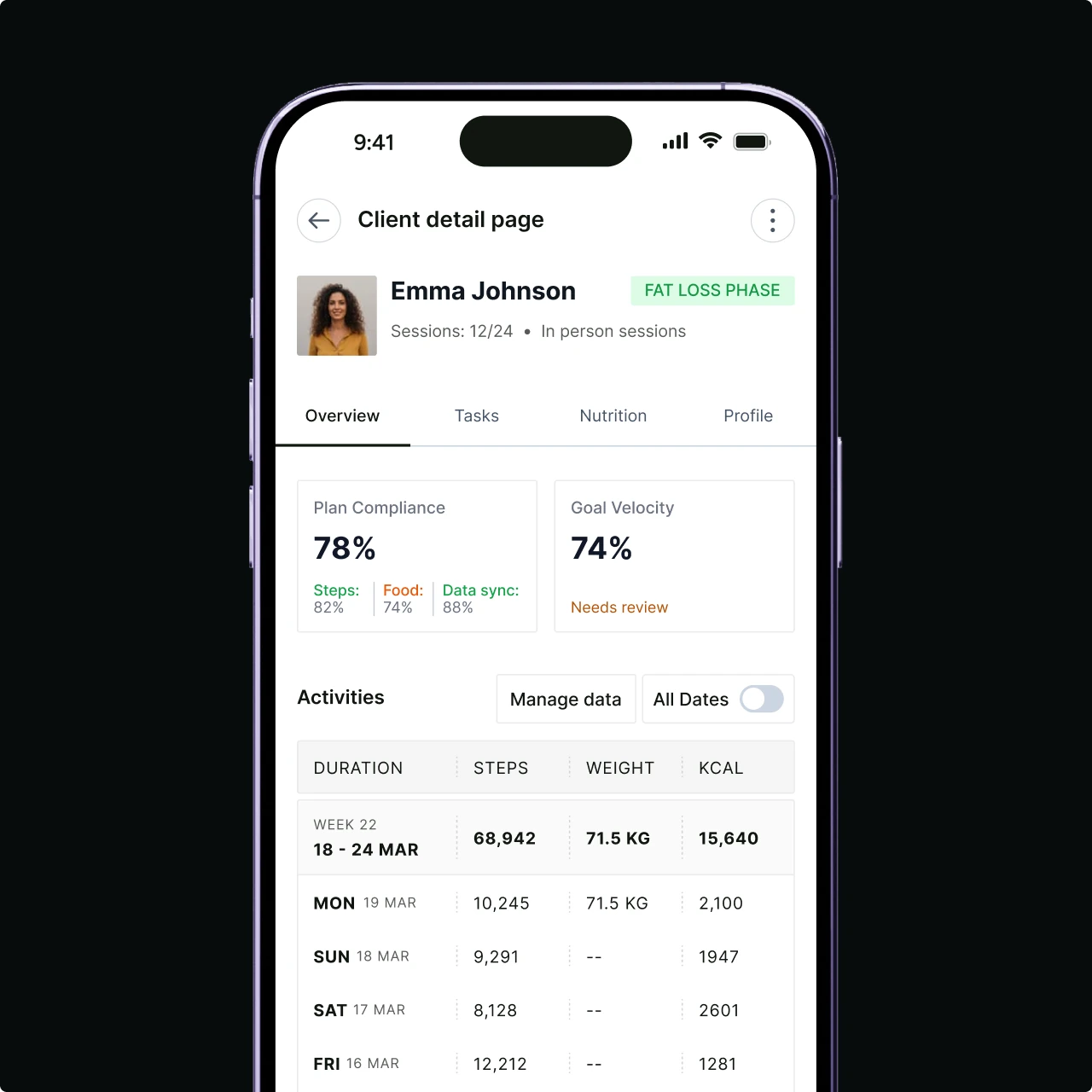 Coach app view for sending nudges and updates