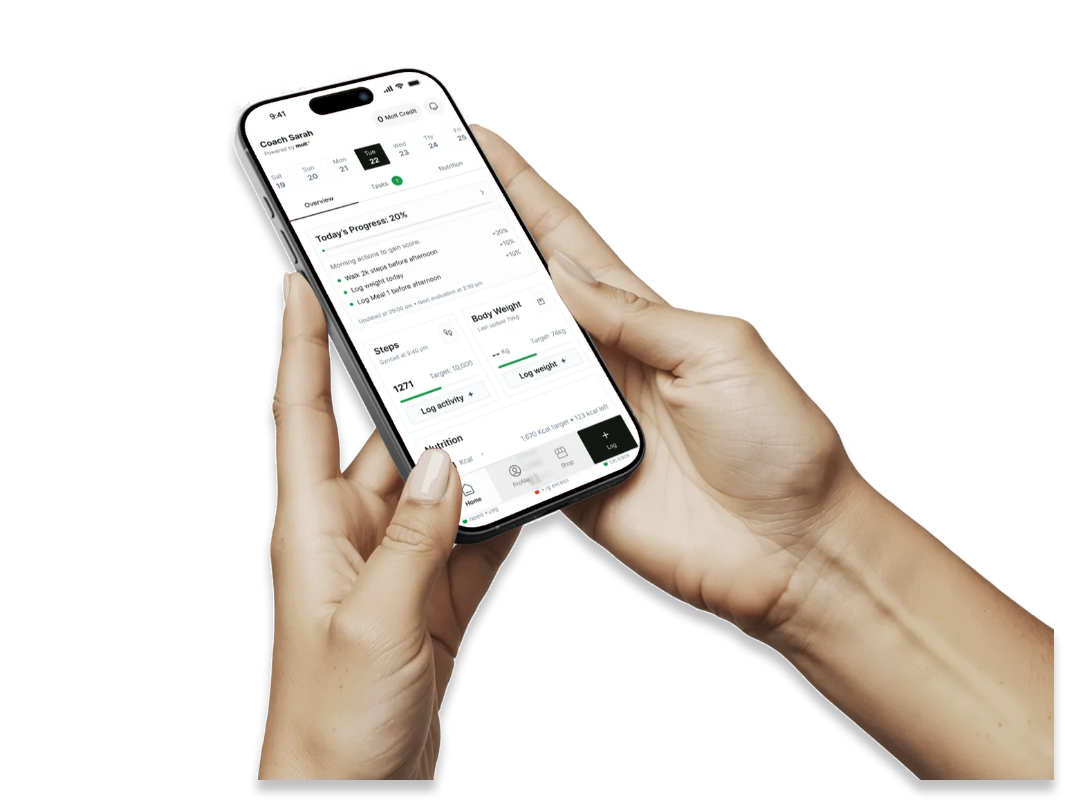 Hand holding an iPhone showing the Molt app dashboard