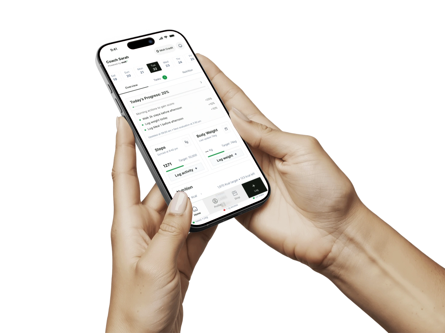Hand holding an iPhone showing the Molt app dashboard