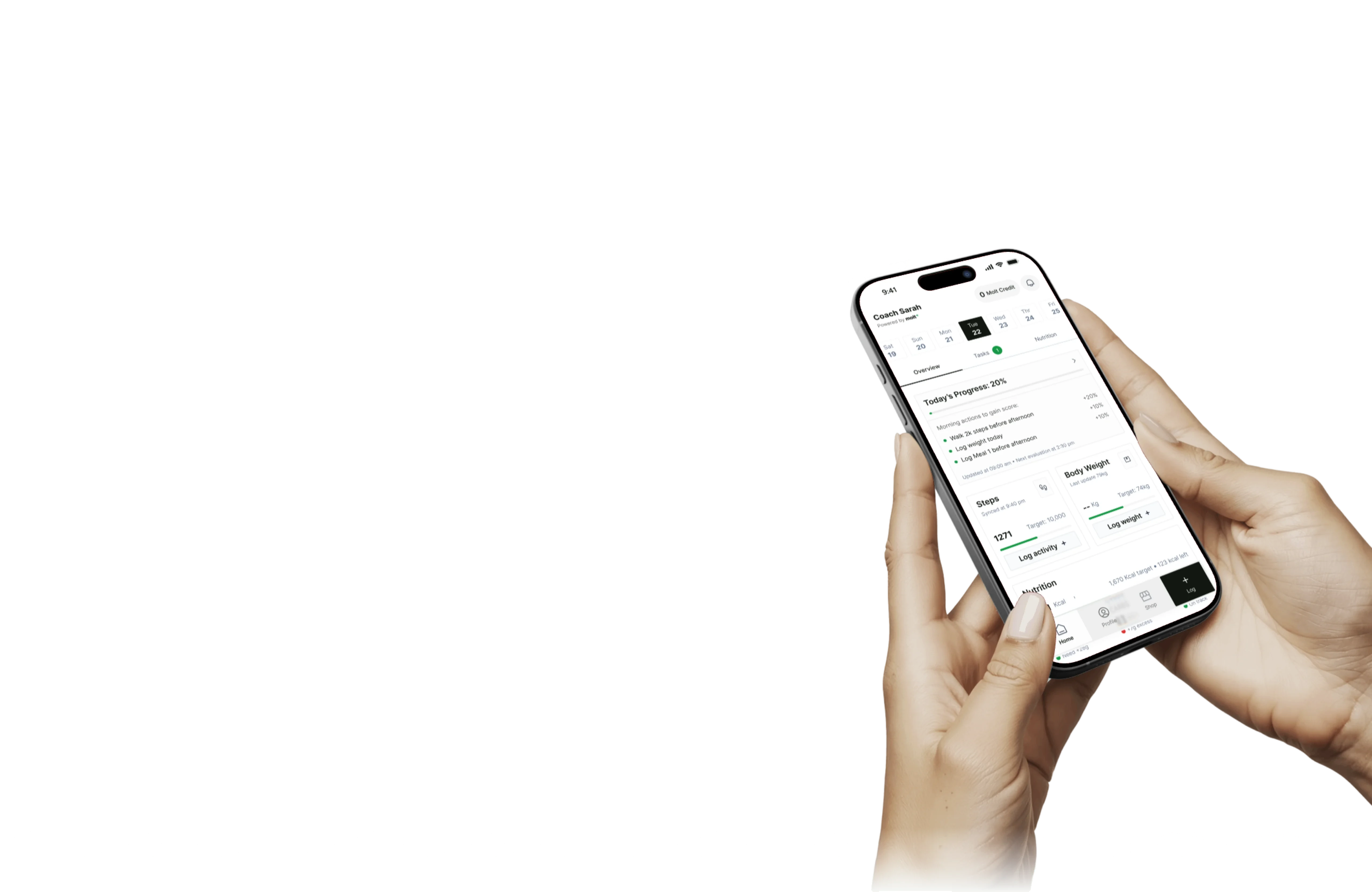 Hand holding an iPhone showing the Molt app dashboard